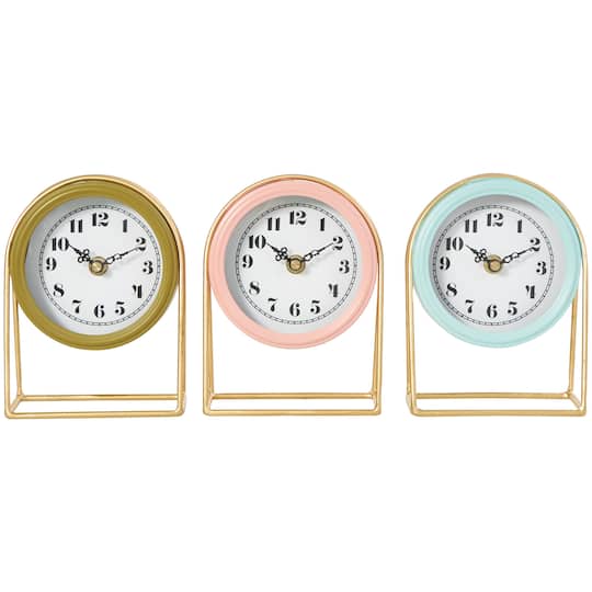 7&#x22; Multicolor Pastel Metal Tabletop Clock Set with Gold Frames, 3ct.